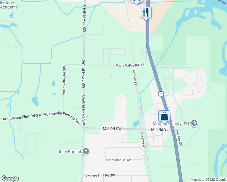 map of restaurants, bars, coffee shops, grocery stores, and more near 4119 Old Highway 31 in Decatur