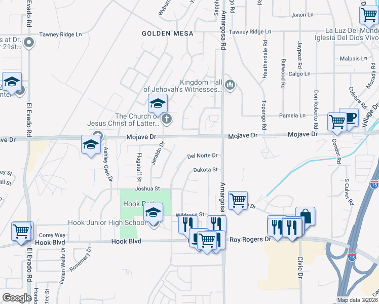 map of restaurants, bars, coffee shops, grocery stores, and more near 15174 Del Norte Drive in Victorville