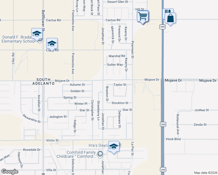 map of restaurants, bars, coffee shops, grocery stores, and more near 15249 Braxton Street in Adelanto