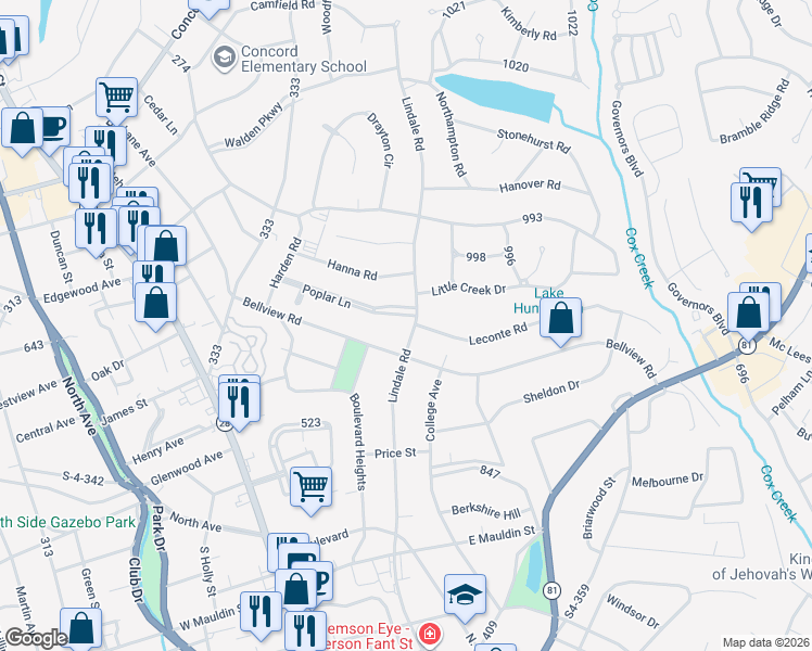 map of restaurants, bars, coffee shops, grocery stores, and more near 2601 Bellview Road in Anderson