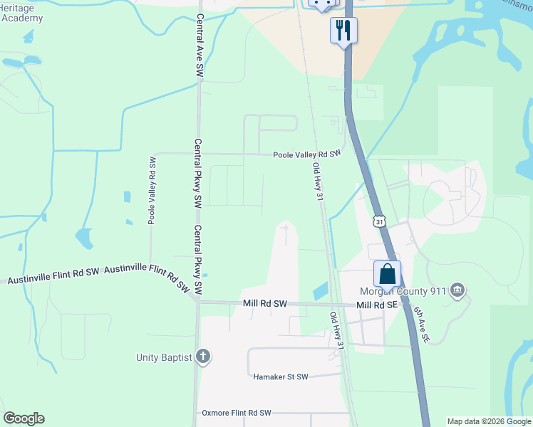 map of restaurants, bars, coffee shops, grocery stores, and more near 4119 Old Highway 31 in Decatur