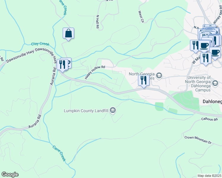 map of restaurants, bars, coffee shops, grocery stores, and more near 1256 Morrison Moore Parkway West in Dahlonega