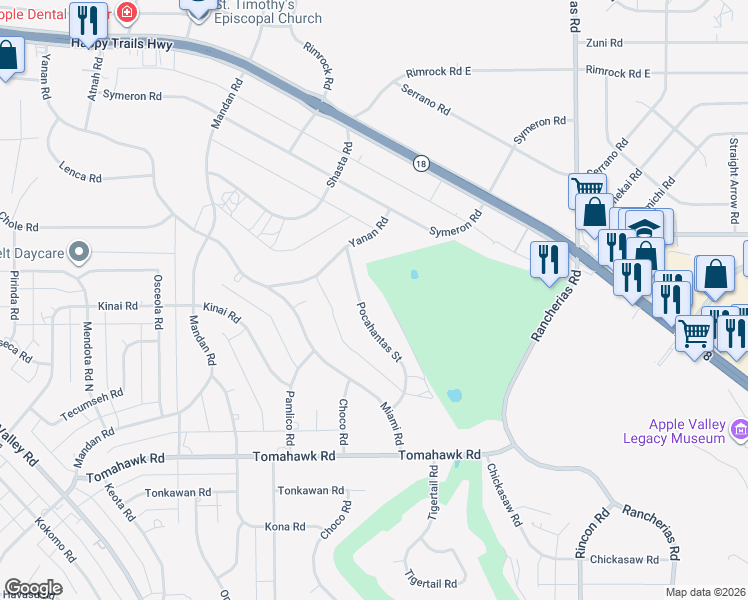 map of restaurants, bars, coffee shops, grocery stores, and more near 15181 Pocahantas Street in Apple Valley