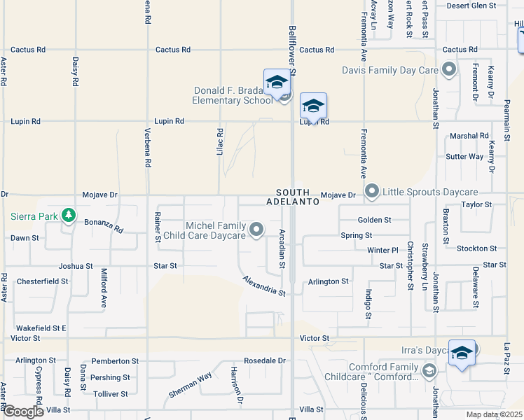 map of restaurants, bars, coffee shops, grocery stores, and more near 11213 Shanandoah Street in Adelanto