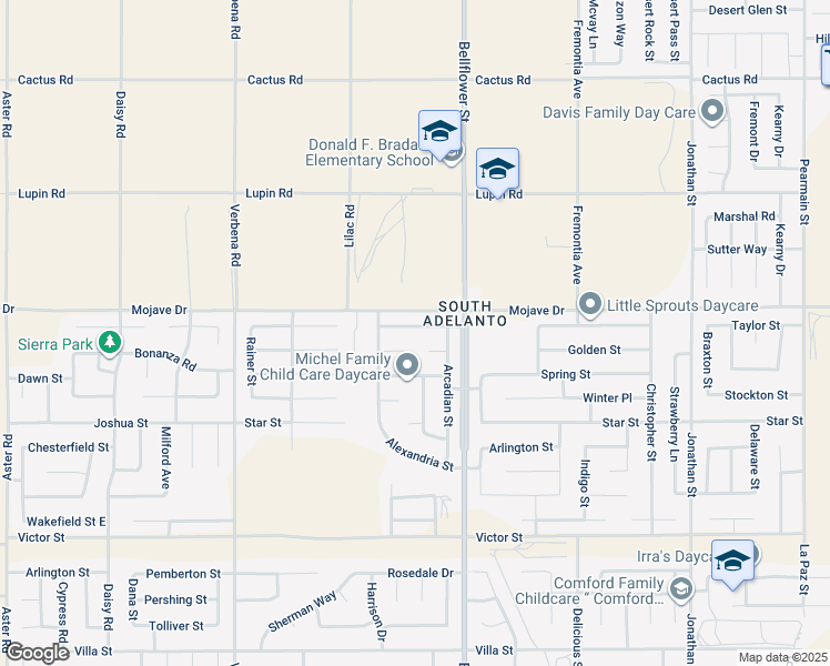 map of restaurants, bars, coffee shops, grocery stores, and more near 11213 Shanandoah Street in Adelanto