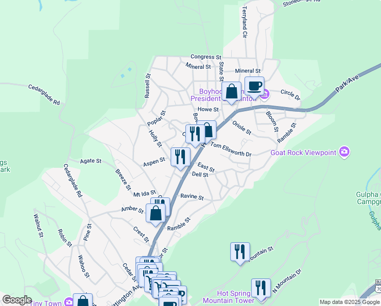 map of restaurants, bars, coffee shops, grocery stores, and more near 755 Park Avenue in Hot Springs