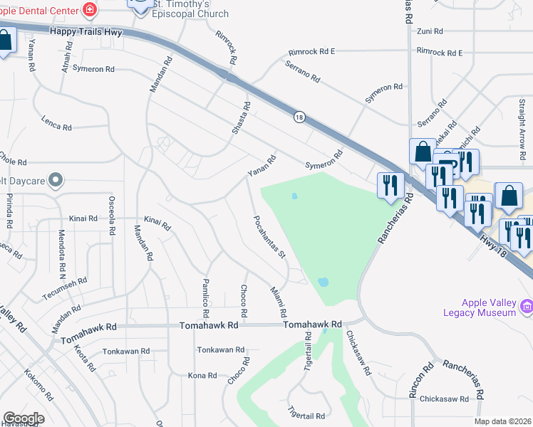 map of restaurants, bars, coffee shops, grocery stores, and more near 15181 Pocahantas Street in Apple Valley