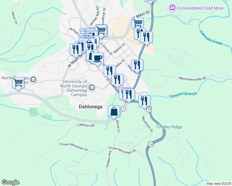 map of restaurants, bars, coffee shops, grocery stores, and more near in Dahlonega