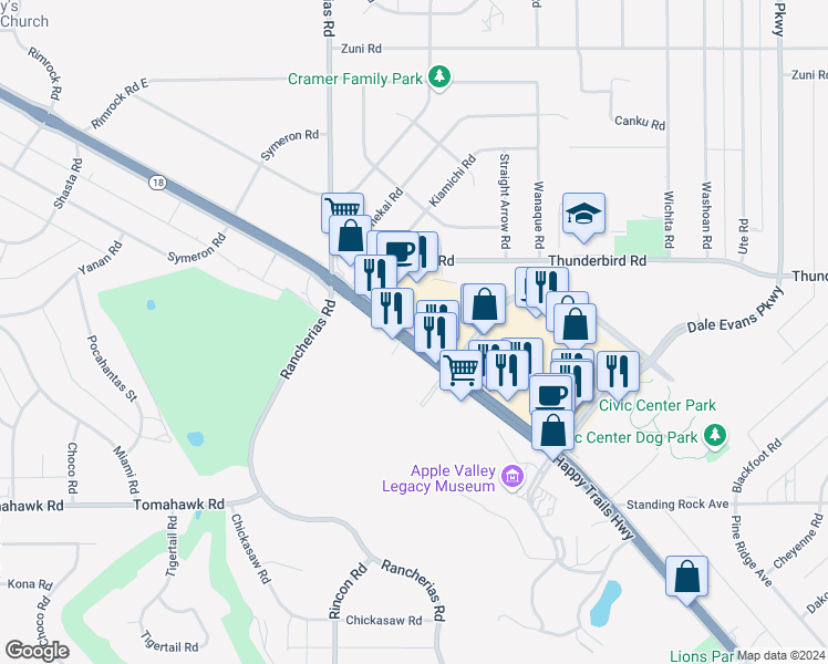 map of restaurants, bars, coffee shops, grocery stores, and more near 22099 California 18 in Apple Valley