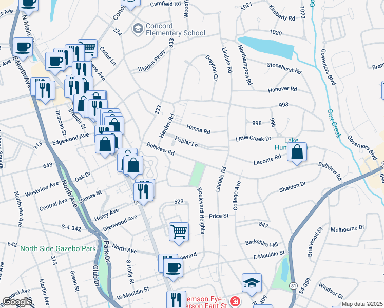 map of restaurants, bars, coffee shops, grocery stores, and more near 2301 Bellview Road in Anderson