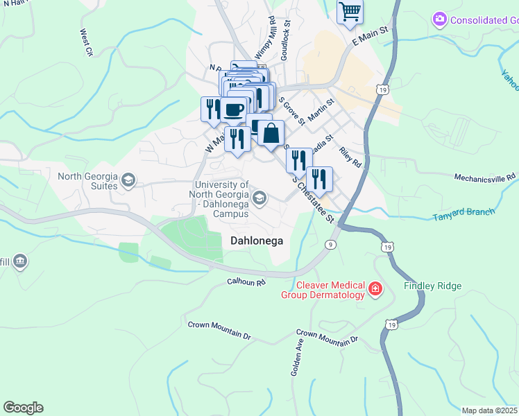 map of restaurants, bars, coffee shops, grocery stores, and more near 82 College Circle in Dahlonega