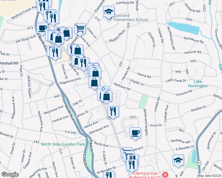 map of restaurants, bars, coffee shops, grocery stores, and more near 2301 Lane Avenue in Anderson