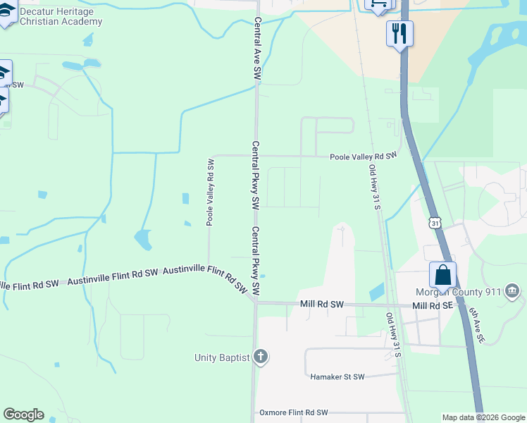 map of restaurants, bars, coffee shops, grocery stores, and more near 4187 Central Parkway Southwest in Decatur