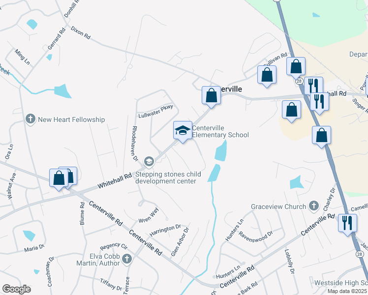map of restaurants, bars, coffee shops, grocery stores, and more near 1529 Whitehall Road in Anderson