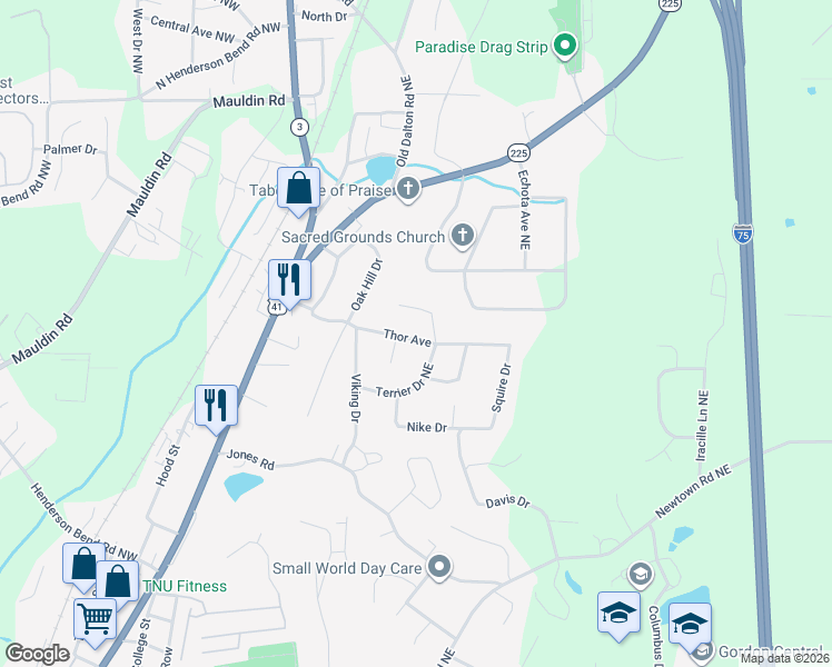map of restaurants, bars, coffee shops, grocery stores, and more near 123 Keisha Drive in Calhoun