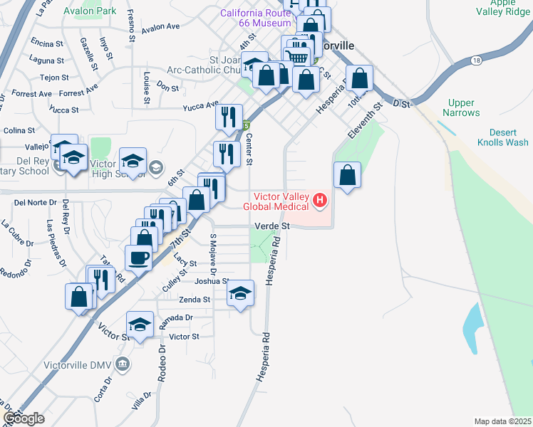 map of restaurants, bars, coffee shops, grocery stores, and more near 16843 Tracy Street in Victorville