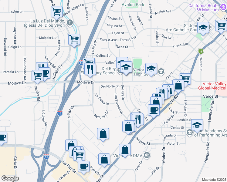 map of restaurants, bars, coffee shops, grocery stores, and more near 15254 Las Piedras Drive in Victorville