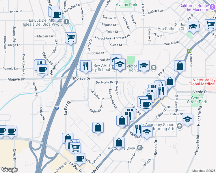 map of restaurants, bars, coffee shops, grocery stores, and more near 15254 Las Piedras Drive in Victorville