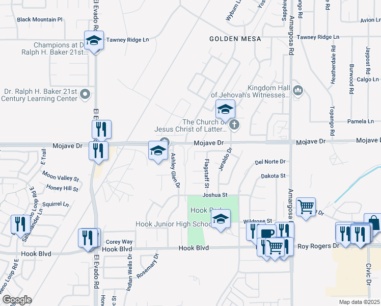 map of restaurants, bars, coffee shops, grocery stores, and more near 14930 San Miguel Drive in Victorville
