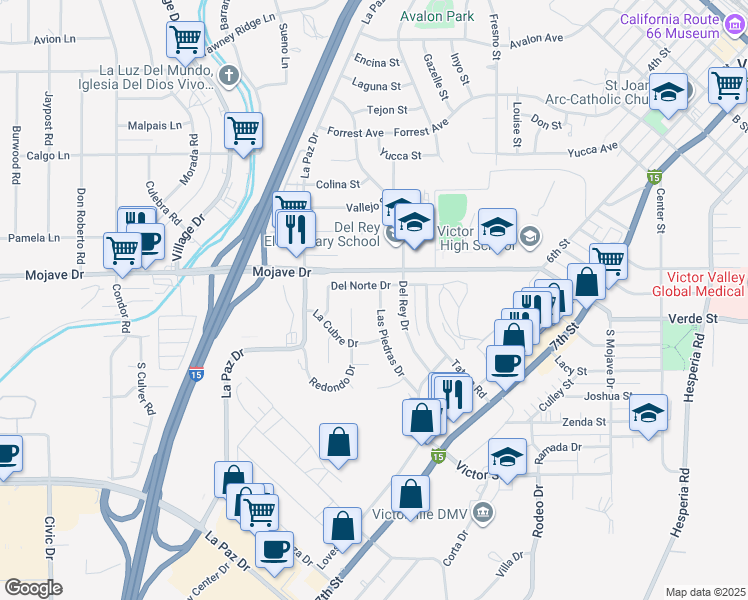 map of restaurants, bars, coffee shops, grocery stores, and more near 15254 Las Piedras Drive in Victorville