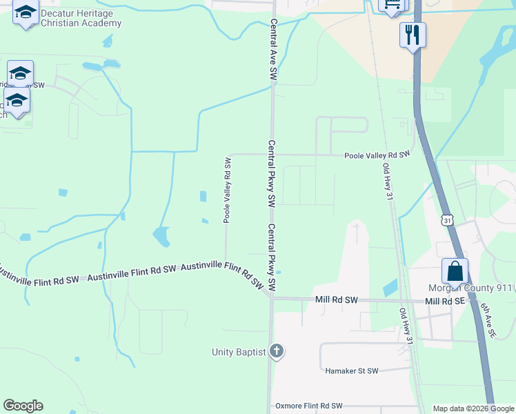 map of restaurants, bars, coffee shops, grocery stores, and more near 4100-4392 Central Parkway Southwest in Decatur