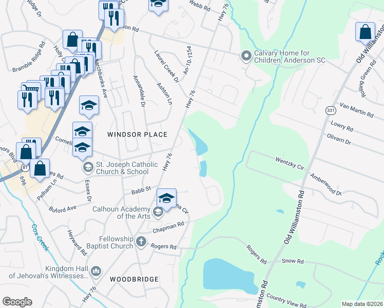 map of restaurants, bars, coffee shops, grocery stores, and more near 12 Oleander Drive in Anderson