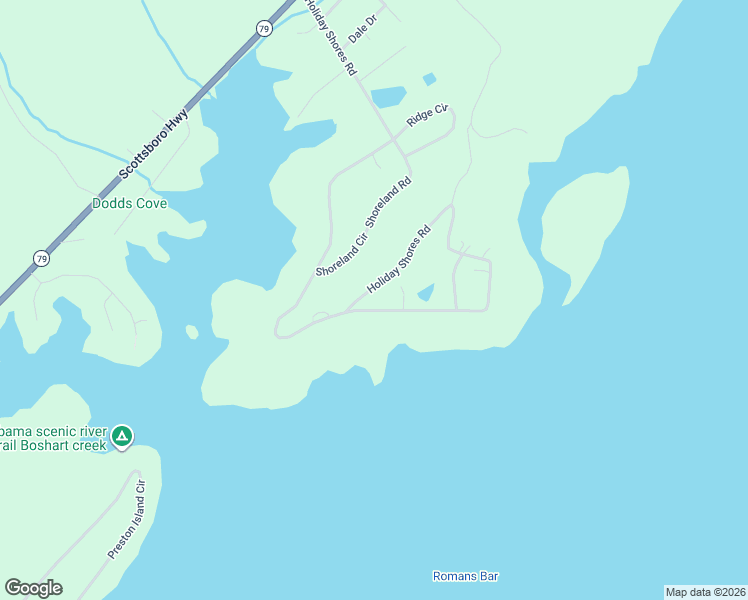 map of restaurants, bars, coffee shops, grocery stores, and more near 1285 Holiday Shores Road in Scottsboro