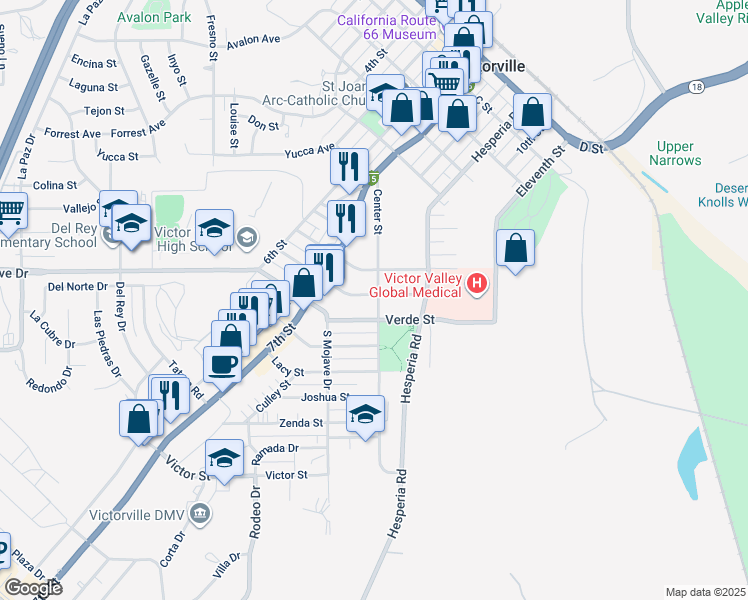 map of restaurants, bars, coffee shops, grocery stores, and more near 16795 Tracy Street in Victorville