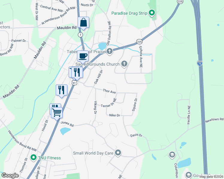 map of restaurants, bars, coffee shops, grocery stores, and more near 123 Keisha Drive in Calhoun
