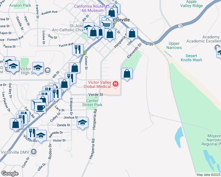 map of restaurants, bars, coffee shops, grocery stores, and more near in Victorville