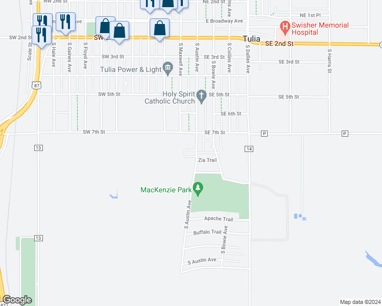 map of restaurants, bars, coffee shops, grocery stores, and more near 714 South Austin Avenue in Tulia