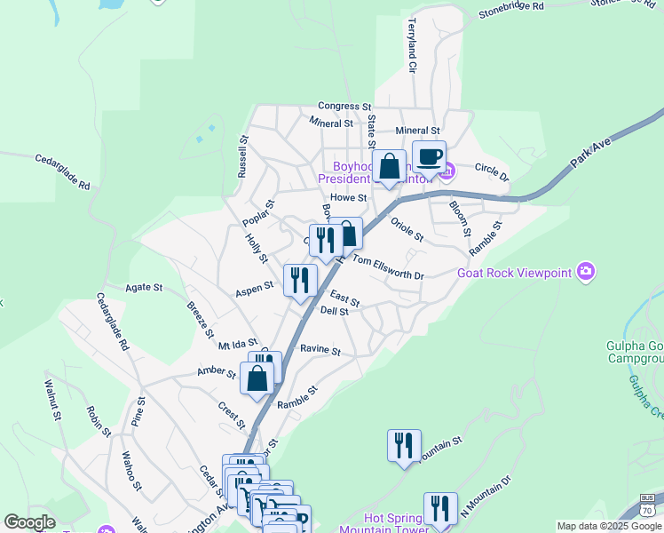 map of restaurants, bars, coffee shops, grocery stores, and more near 771 Park Avenue in Hot Springs