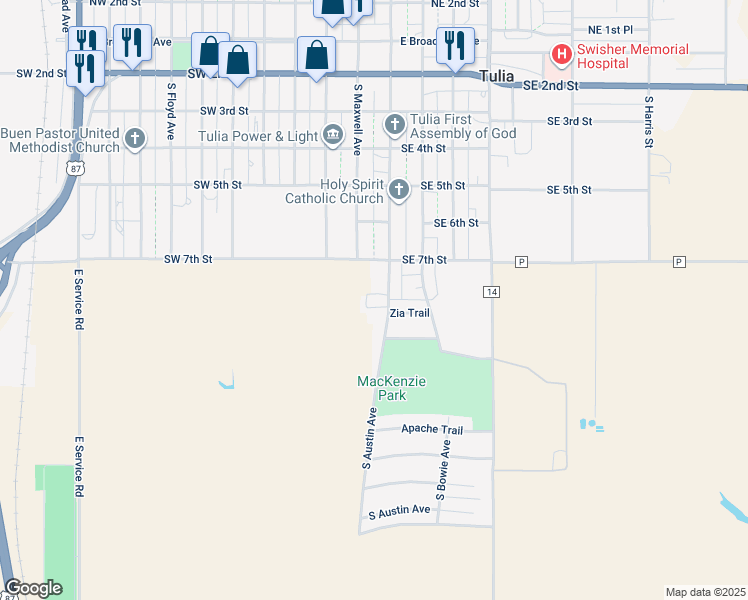 map of restaurants, bars, coffee shops, grocery stores, and more near 714 South Austin Avenue in Tulia