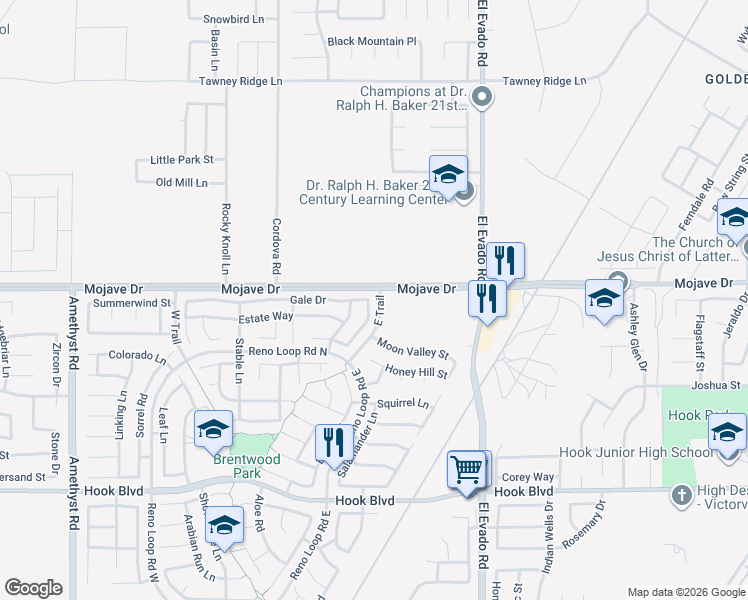 map of restaurants, bars, coffee shops, grocery stores, and more near 15373 Sunflower Lane in Victorville