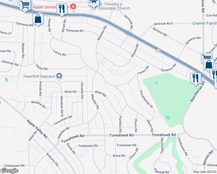 map of restaurants, bars, coffee shops, grocery stores, and more near 19445 Yanan Road in Apple Valley