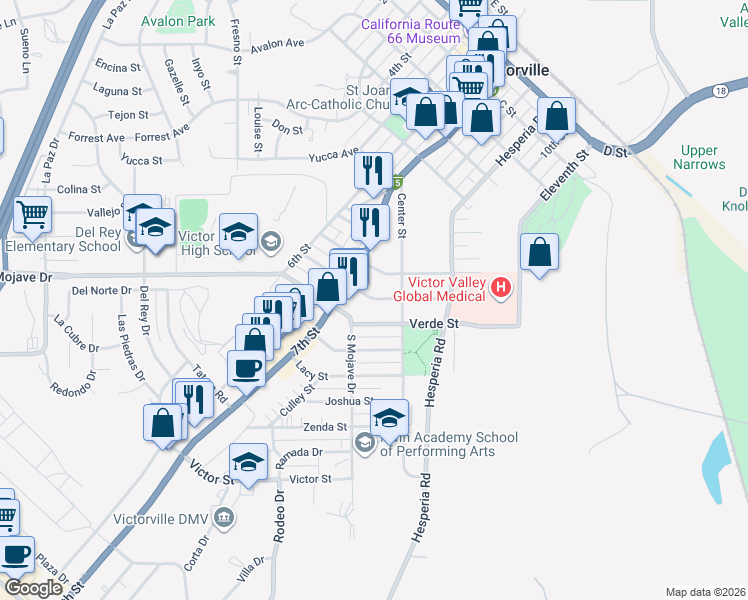 map of restaurants, bars, coffee shops, grocery stores, and more near 16749 Tracy Street in Victorville