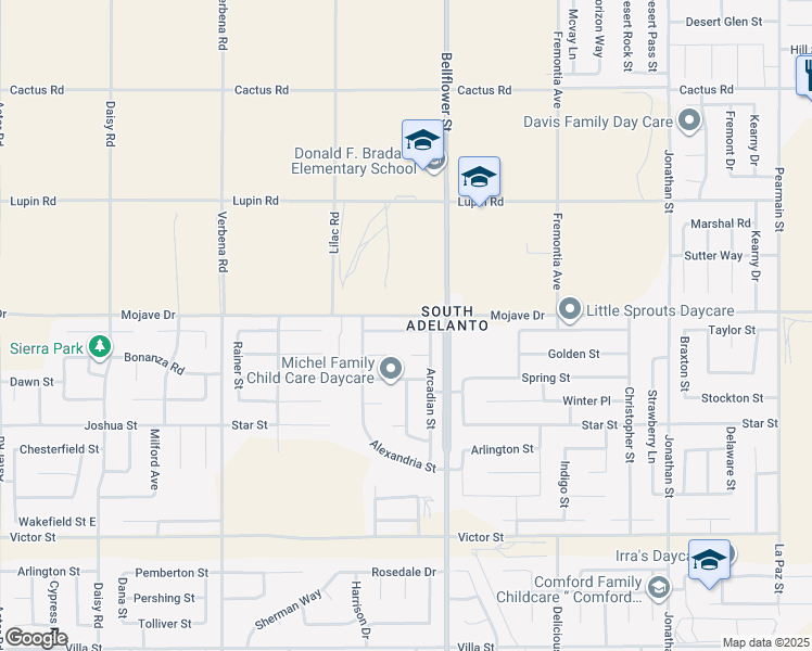 map of restaurants, bars, coffee shops, grocery stores, and more near 11222 Shanandoah Street in Adelanto