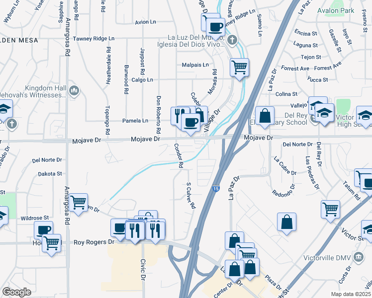 map of restaurants, bars, coffee shops, grocery stores, and more near 15775 Mojave Drive in Victorville