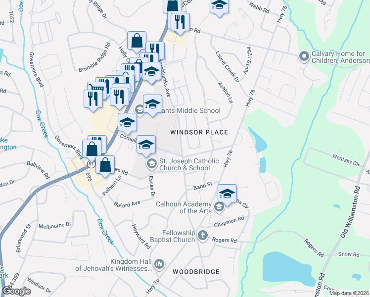 map of restaurants, bars, coffee shops, grocery stores, and more near 106 Elliott Circle in Anderson