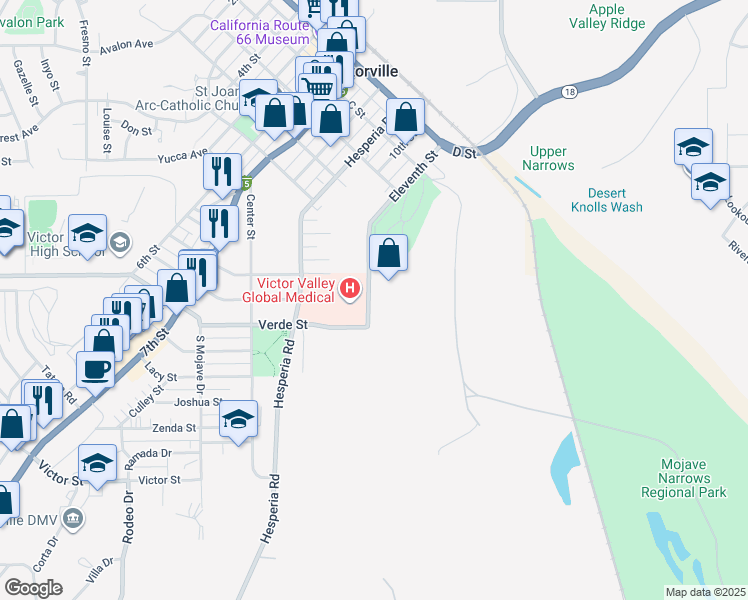map of restaurants, bars, coffee shops, grocery stores, and more near 15243 Eleventh Street in Victorville
