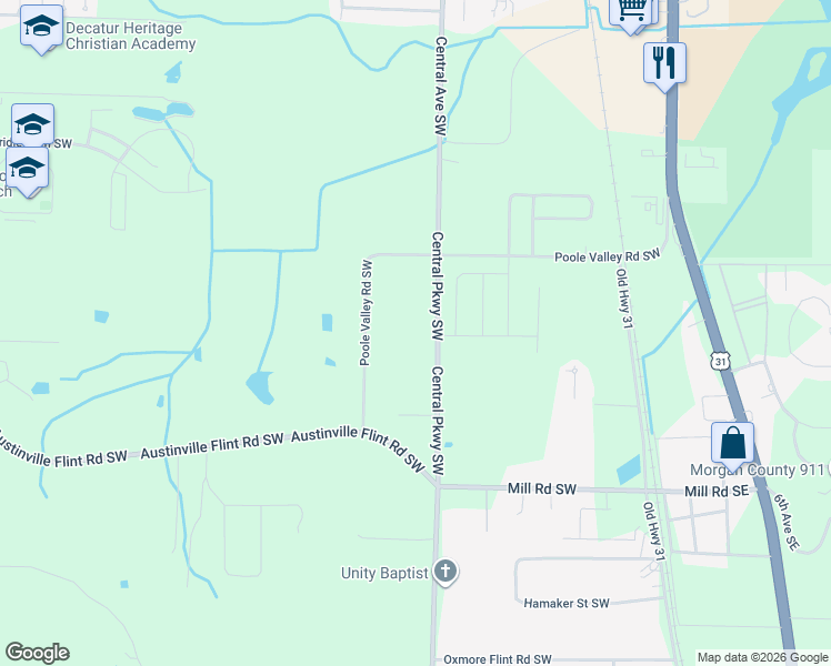 map of restaurants, bars, coffee shops, grocery stores, and more near 4100-4392 Central Parkway Southwest in Decatur