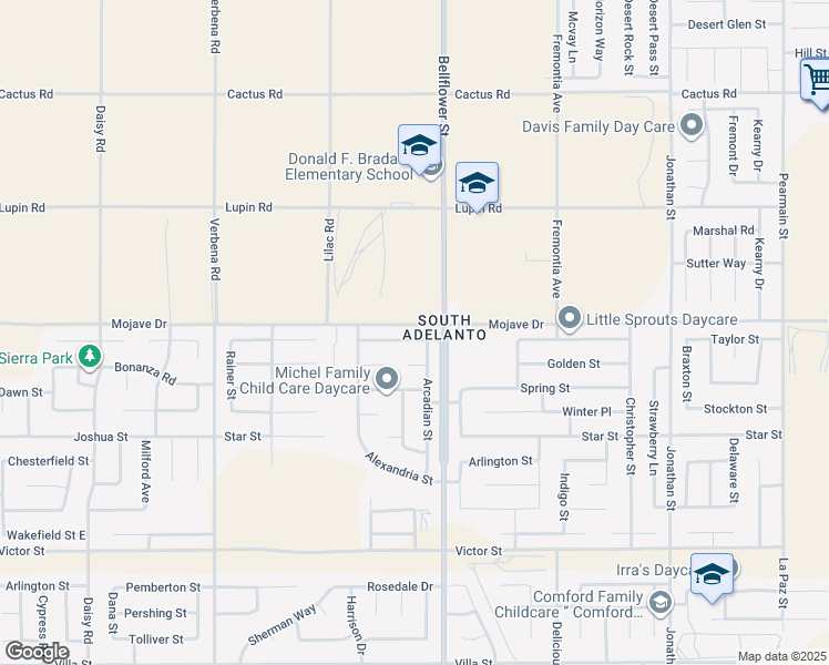 map of restaurants, bars, coffee shops, grocery stores, and more near 11222 Shanandoah Street in Adelanto