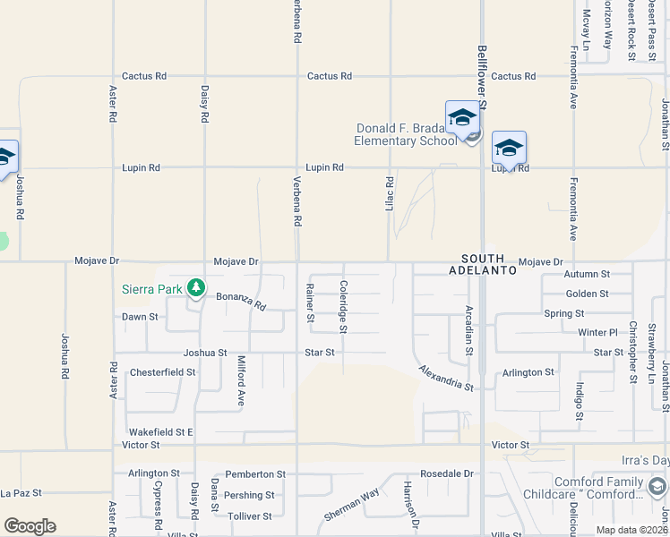map of restaurants, bars, coffee shops, grocery stores, and more near 10990 Windcrest Street in Adelanto