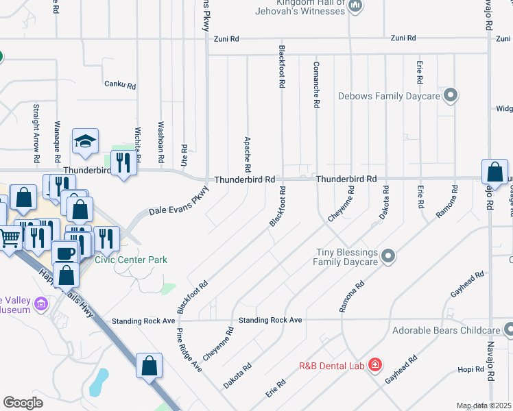 map of restaurants, bars, coffee shops, grocery stores, and more near 15235 Apache Road in Apple Valley