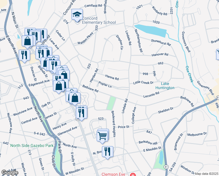 map of restaurants, bars, coffee shops, grocery stores, and more near 2309 Poplar Lane in Anderson