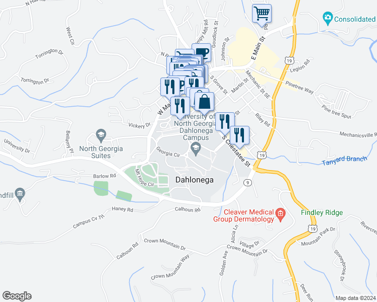 map of restaurants, bars, coffee shops, grocery stores, and more near Georgia Circle in Dahlonega