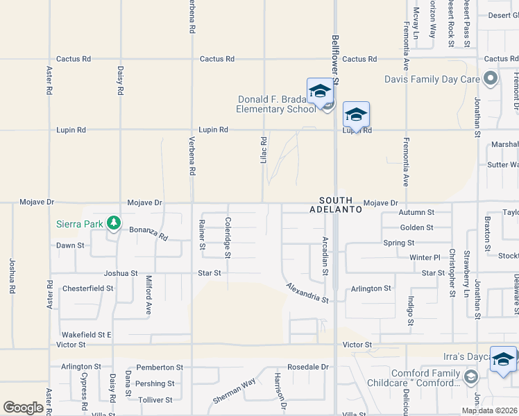 map of restaurants, bars, coffee shops, grocery stores, and more near 11074 Windcrest Court in Adelanto