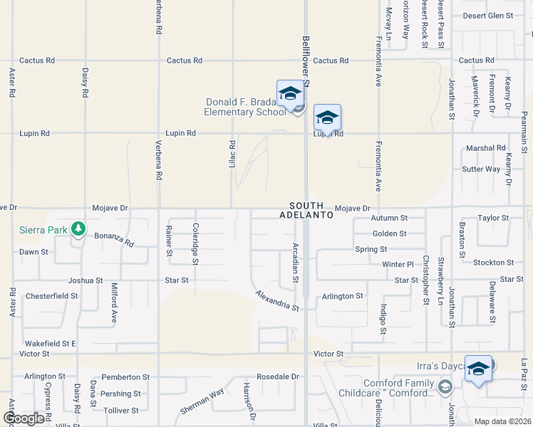 map of restaurants, bars, coffee shops, grocery stores, and more near 11182 Shanandoah Street in Adelanto