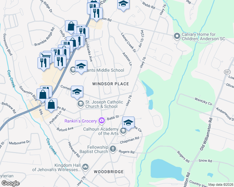 map of restaurants, bars, coffee shops, grocery stores, and more near 132 Elliott Circle in Anderson