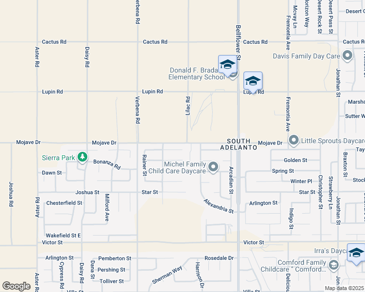 map of restaurants, bars, coffee shops, grocery stores, and more near 11066 Windcrest Court in Adelanto